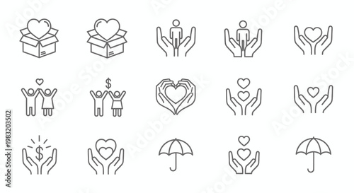 Series of line art icons depicting people in caring, supportive, and celebratory gestures and interactions.