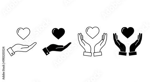 Collection of hand hearts icons in varying styles symbolizing care, support, and compassion.