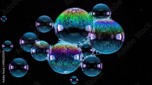 Colorful soap bubbles floating against a dark background with reflections