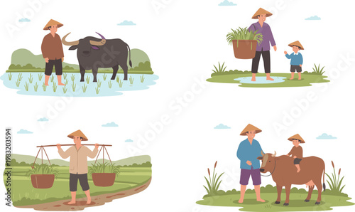 Vector illustration of Asian rural farming lifestyle showing people, animals, rice paddy, harvest baskets, and traditional culture
