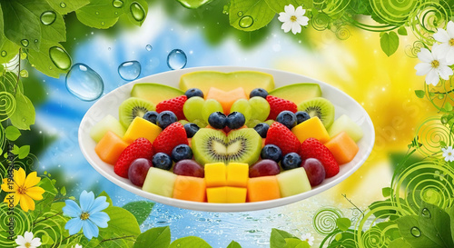 Fresh Fruit Salad with kiwi, strawberries, blueberries on a white plate