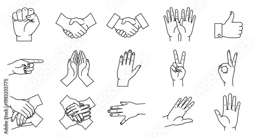 Collection of varied hand gestures and poses in simple line drawings for icons and graphic design.