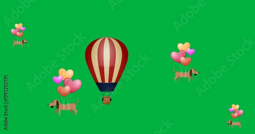 Multiple dogs tied to balloons and hot air balloon floating against black background