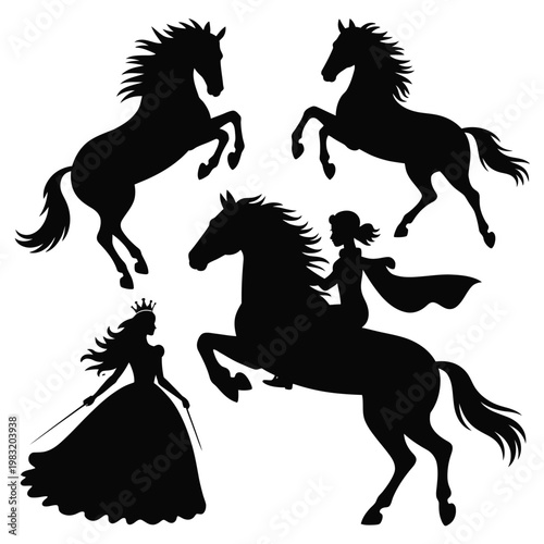 A beautiful silhouette of horses and a woman in a dress