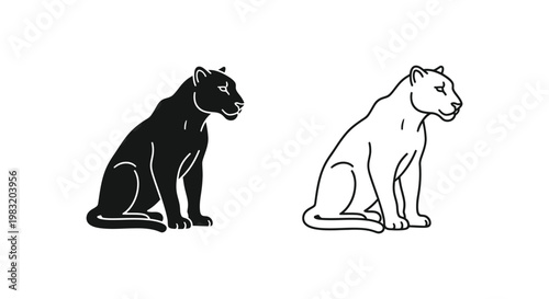 Black and White Cat vs Lion Silhouette Design Vector