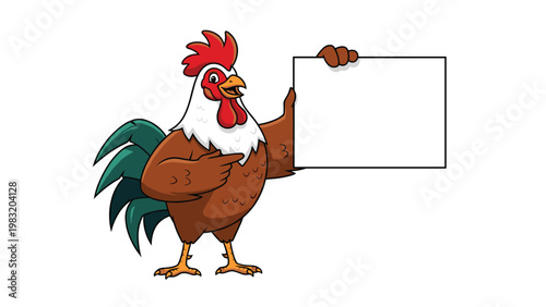Cheerful brown rooster character holding a blank white sign board and pointing at it with his wing vector illustration.