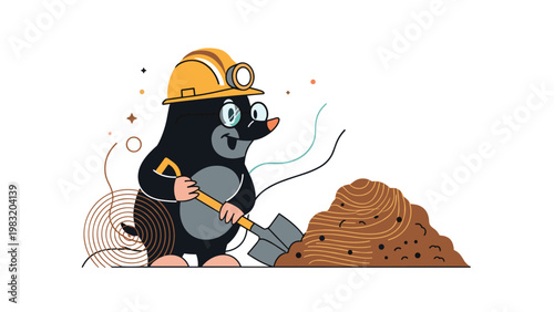 Cute mole character wearing a yellow hard hat and glasses digging a pile of dirt with a shovel vector illustration.