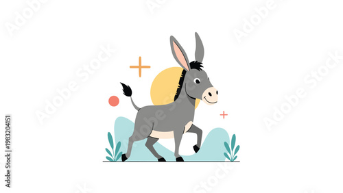 Friendly grey donkey character walking through a field with plants and a bright yellow sun in the background vector.