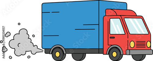 Vector illustration of colorful transport truck with red cab, blue cargo area, exhaust smoke, and stylized design