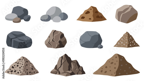 Set of various rock and stone piles including grey pebbles brown boulders and mounds of sand or dirt on white background.