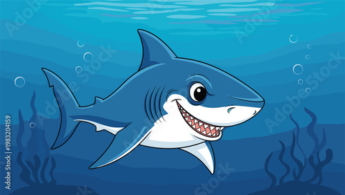 Smiling blue shark character swimming underwater with coral reefs and bubbles in the deep ocean vector illustration.
