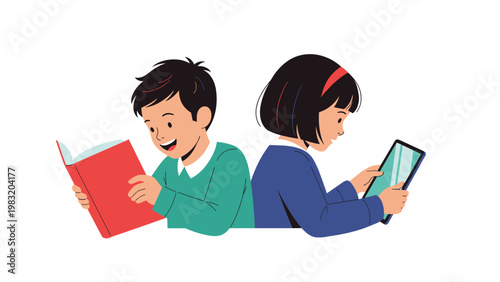Young boy reading a red book and a girl using a digital tablet while sitting back to back on white background vector.