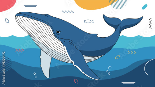 Large blue whale swimming in the deep ocean with abstract shapes and patterns in the background vector illustration.