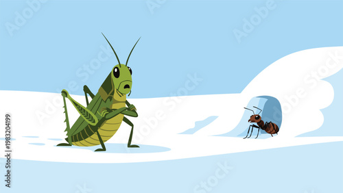 Green grasshopper talking to a small brown ant near its underground home entrance in a snowy winter landscape vector.