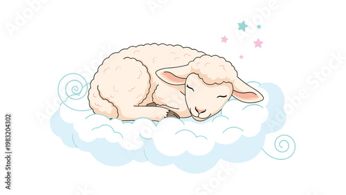 Sweet little lamb sleeping peacefully on a soft blue cloud with small pink and blue stars vector illustration.