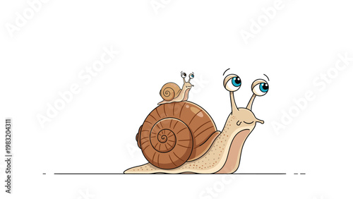 Cute cartoon snail carrying a smaller baby snail on its shell while crawling on a white background vector illustration.