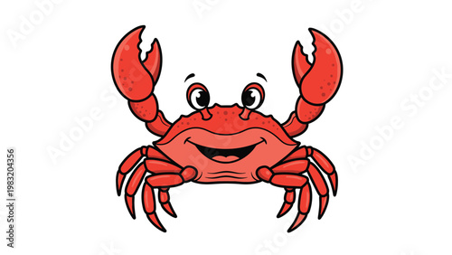 Friendly red crab character with large claws smiling and looking forward in a fun cartoon style vector illustration.