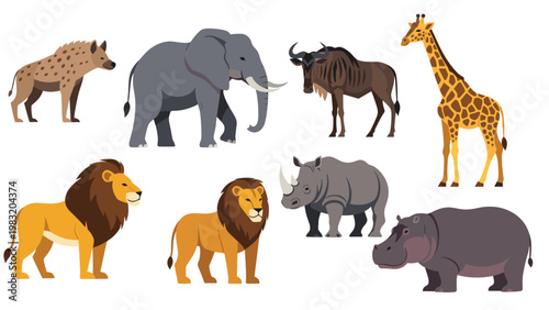 Diverse group of wild African animals including lion elephant rhino giraffe hippo and hyena in a flat vector style.