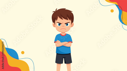 Grumpy young boy character standing with arms crossed and a frustrated expression on a light yellow patterned background.