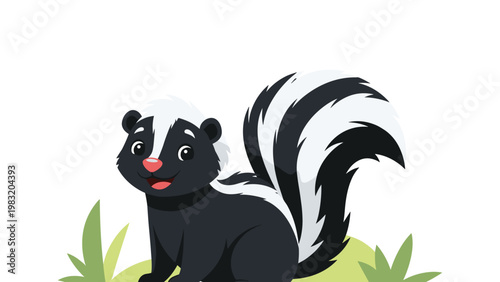 Cute black and white skunk character with a bushy tail sitting and smiling on a green grass patch vector illustration.