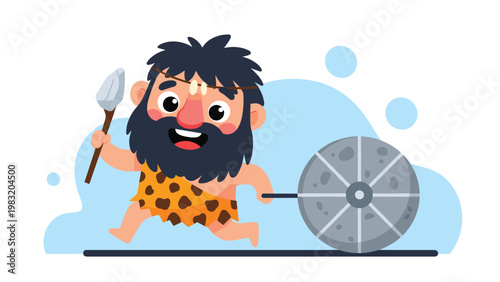Joyful prehistoric caveman with a messy beard and leopard print clothing pulls a primitive stone wheel behind him.