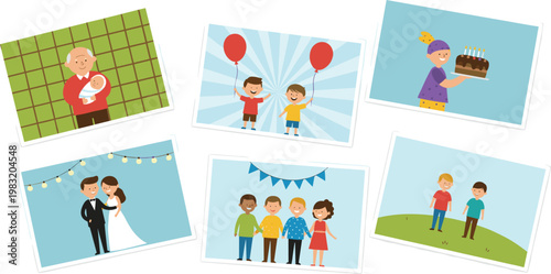 Vector illustration of life events including birth, friendship, celebration, marriage, and social gatherings