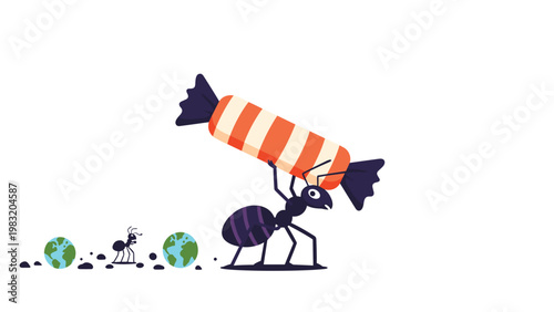 Hardworking ant carries a giant striped candy on its back while leading a line of smaller ants across a plain surface.