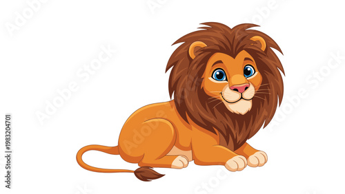 Cute young lion with a fluffy brown mane sits and smiles with bright blue eyes, creating a charming character for kids.