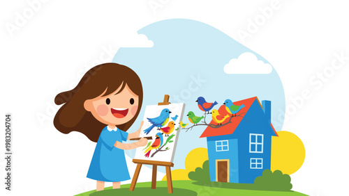 Little girl with brown hair joyfully paints a picture of colorful birds on an easel outside her blue country home.
