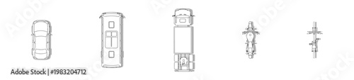 Top View Vehicles Vector Set, Overhead Perspective Minimalist Car and Truck Outlines with White Fill for Architectural Site Plans, Urban Design, Clean Line Art Style
