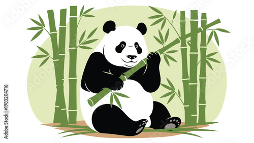 Giant panda sits peacefully in a lush bamboo forest while munching on a green stalk in its natural habitat.