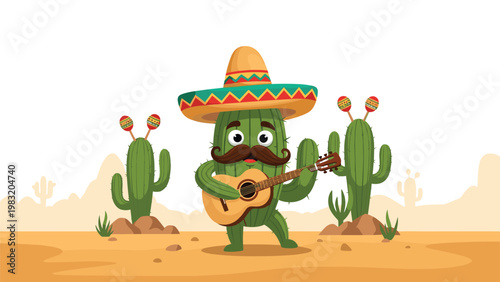 Fun cactus character wearing a sombrero and a mustache plays a guitar in a sandy desert filled with other cacti.
