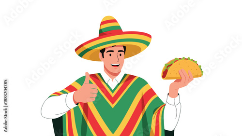 Man dressed in a colorful mexican poncho and sombrero holds a delicious taco and gives a positive thumbs up.