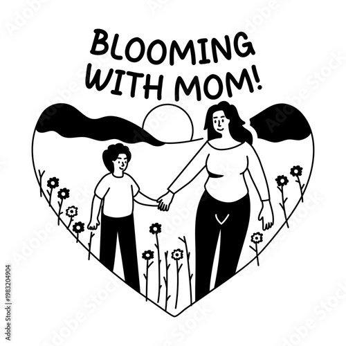 A glyph sticker of a mom and child wandering together in sunflower fields
