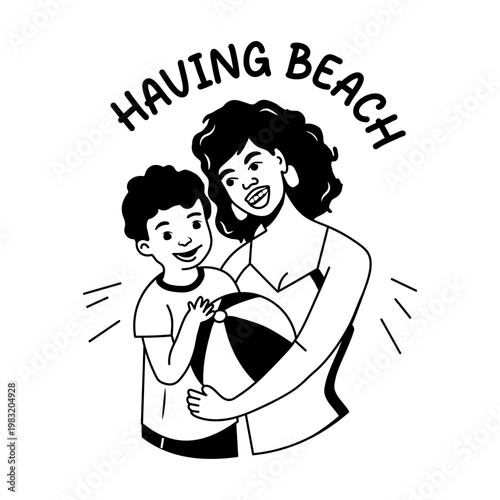 A glyph sticker of a child having beach fun with mom 
