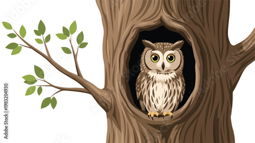 Brown owl peers out from its cozy home in a tree hollow, surrounded by textured bark and green leaves in the woods.