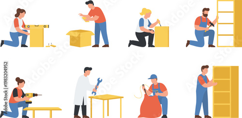 Vector illustration of people performing furniture assembly and repair tasks using tools, skills, and craftsmanship