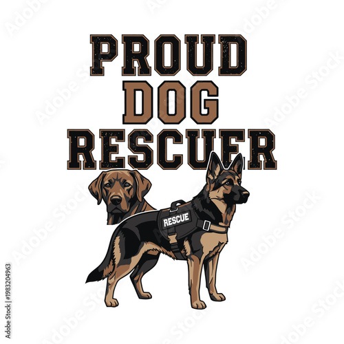 Proud dog rescuer with two dogs wearing rescue harness and standing together tshirt design