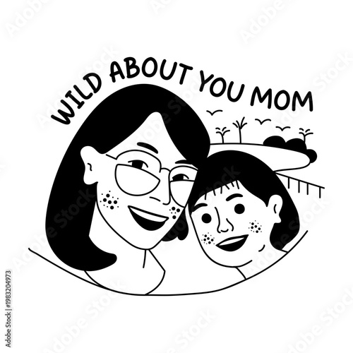 A glyph sticker of cool mom wearing glasses taking picture with her daughter 
