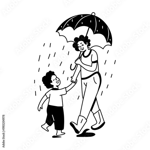 A glyph sticker of a mother holding an umbrella in a raining day 

