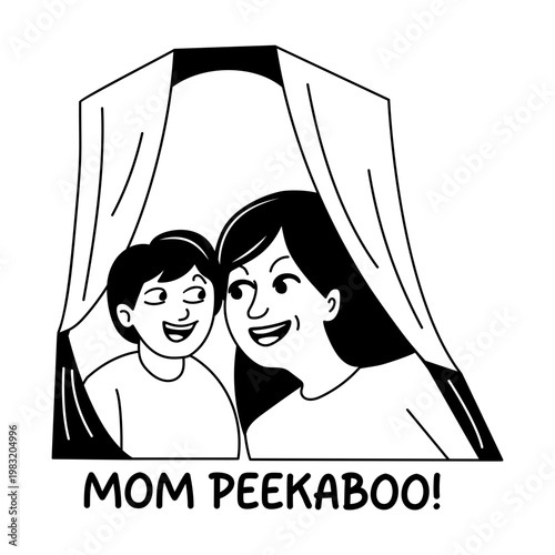A glyph sticker of a child playing hide and seek with her mom 
