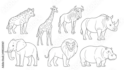 Black and white line art featuring various african animals like an elephant, lion, and rhino for a coloring book.