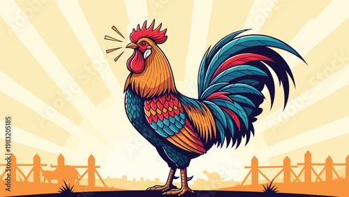 Colorful rooster stands proudly and crows during a bright sunrise over a farm fence in the rural countryside.