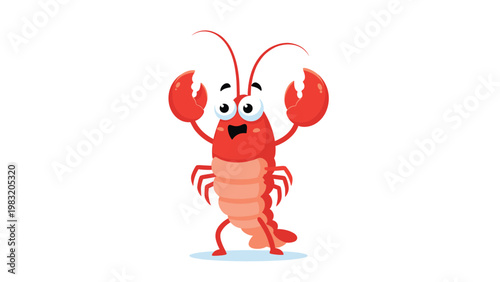 Friendly red lobster with large claws and big expressive eyes stands and smiles on a sandy seafloor in the ocean.