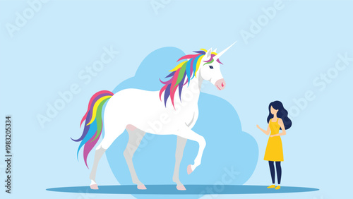 Young woman in a yellow dress stands next to a massive white unicorn with a rainbow mane and tail in a dream.