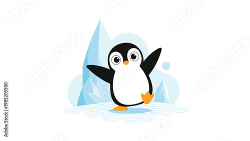 Adorable baby penguin character happily waves its wings while standing on a small patch of ice with glaciers in the background.