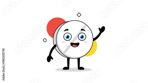 Happy anthropomorphic medicine pill character with arms and legs waves cheerfully while standing in front of colorful red and yellow circles.