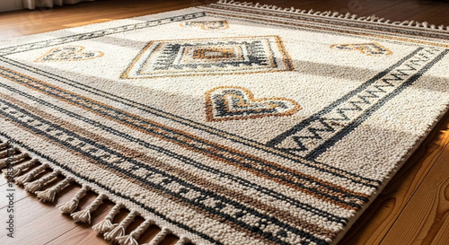 Textured Rug with Abstract Geometric Pattern on Wooden Floor