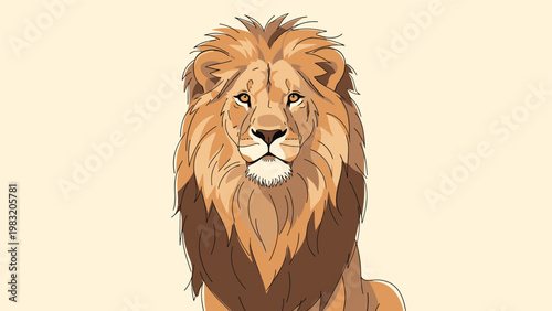 Majestic portrait of a male lion with a full thick mane looking directly forward with a serious and powerful expression on its face.