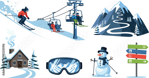 Winter Ski Resort Scene with Skiing, Snowboarding, Chairlifts, and Snowman for Winter Sports and Outdoor Adventure Designs